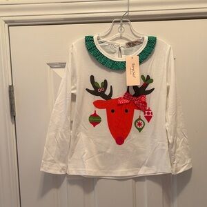 NWT Rorychen White Reindeer Kids Shirt with Green Collar